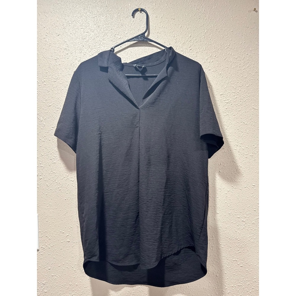 Hilary Radley Womens Black Crinkle Texture Split V-Neck Short Sleeve Blouse L